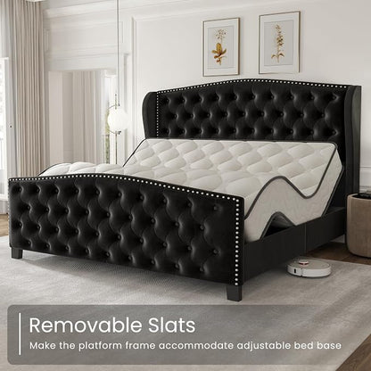 LARMACE Queen Size Bed Frame Velvet Upholstered Platform Bed - Image 9