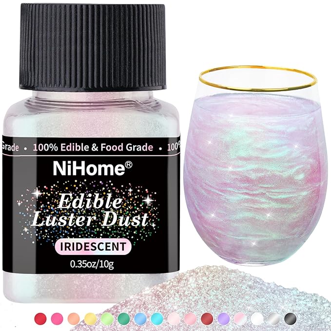 NiHome Edible Food-Grade Glitter Powder Glimmer Luster Dust Metallic Fancy Food Decorating Sprinkle Glimmery Dust for Drink Wine Beverage Cake Bakery Vegan Allergen-Free (Iridescent, 0.35oz/10g)