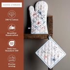 Maison d' Hermine 100% Cotton Oven Mitt & Pot Holder Set (7.5"x13" & 8"x8") Heat Resistant BBQ Cooking Gloves with Loop, Baking, Grilling, Kitchen, Handling Hot Pans (Ice Florals)