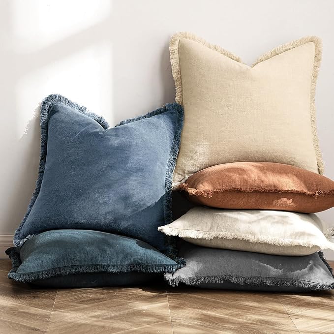 MIULEE Boho Linen Fringe Decorative Throw Pillow Covers Blue Ashes 20x20 | Set - Image 6
