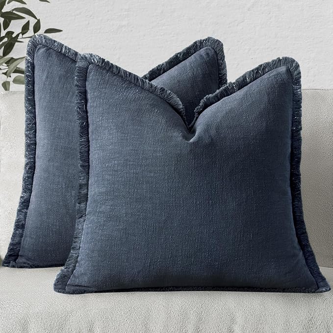 MIULEE Linen Fringe Decorative Euro Throw Pillow Covers Indigo Blue 24x24 | Set by MIULEE