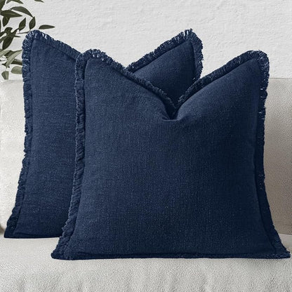 MIULEE Boho Linen Fringe Decorative Throw Pillow Covers Dark Navy 16x16 | Set by MIULEE