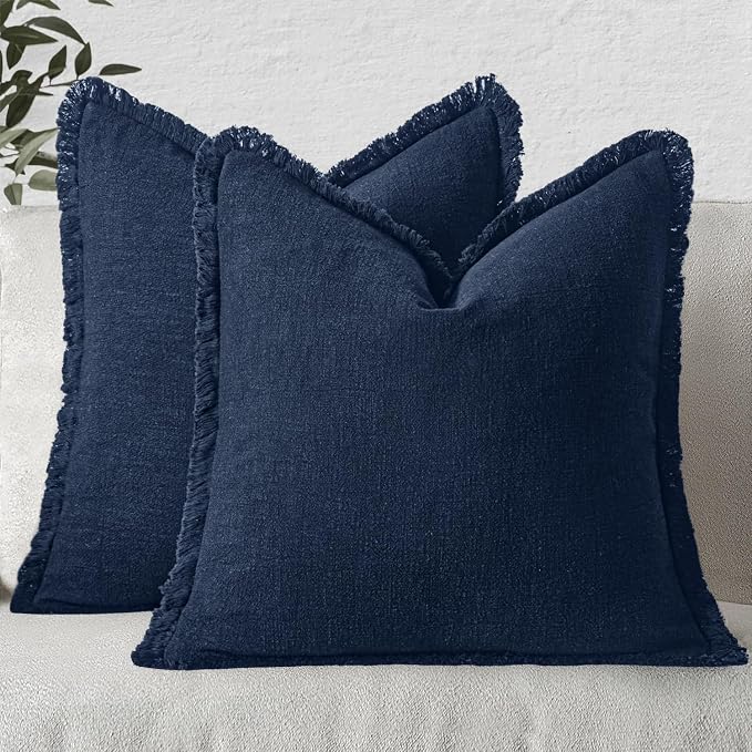 MIULEE Boho Linen Fringe Decorative Throw Pillow Covers Dark Navy 18x18 | Set by MIULEE