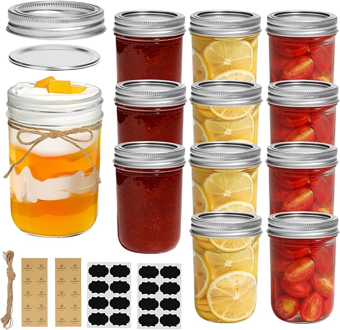 ComSaf Small Mason Jars 8 oz - 12 Pack, Regular Mouth Mason Jar with Lids and Seal Bands, Small Glass Canning Jar for Spice, Jam, Honey, Jelly, Dessert, Shower Wedding Favors, DIY Candles Decor