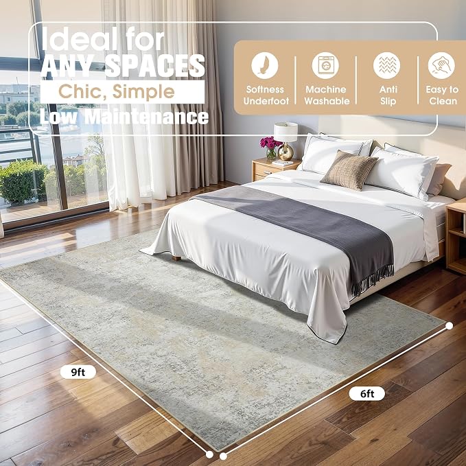 6x9 Area Rugs for Living Room Washable Bedroom Dining Room Beige Grey | Modern - Image 2