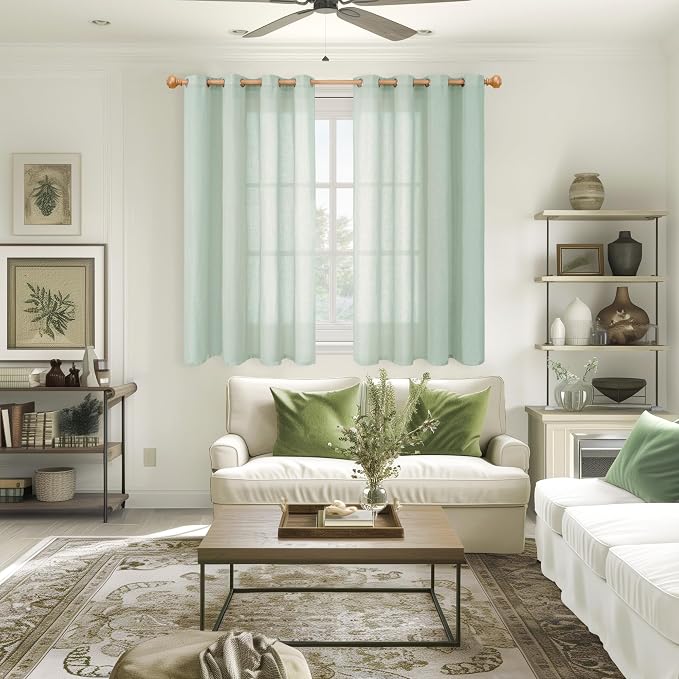 YoungsTex Light Green Linen Semi Sheer Curtains 45 Inch Length, Short Drapes - Image 2