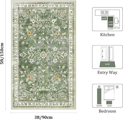 Yamaziot 3x5 Washable Area Rug for Bedroom Floral Carpet Sage Green | Non Slip - Image 2
