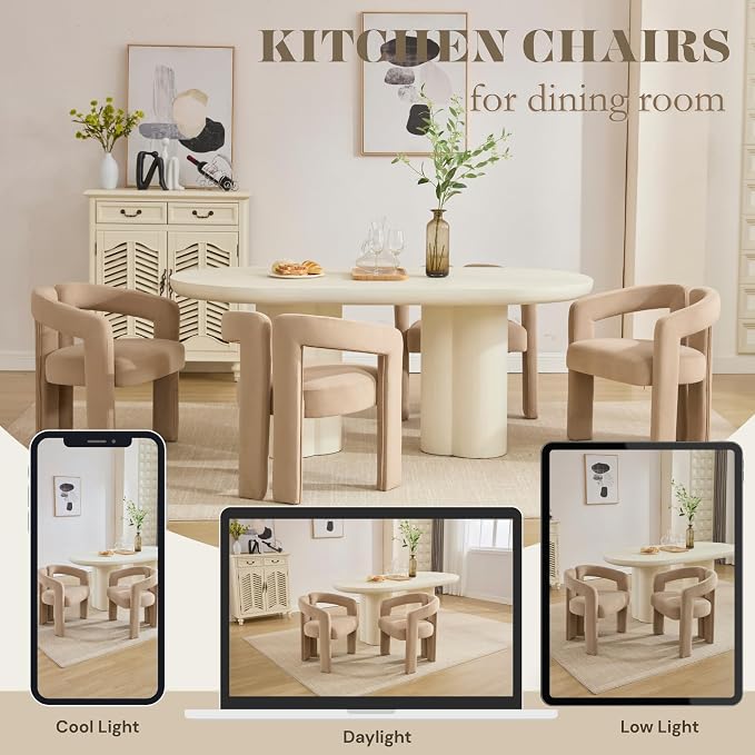 Hyfirm Upholstered Barrel Dining Chair Set of 1, Khaki Velvet Kitchen Accent - Image 7