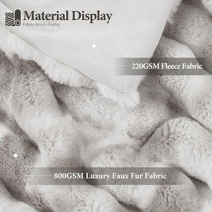 Luxury 1000GSM Faux Rabbit Fur Throw Blanket, Super Heavy Warm Cozy Grey - Image 2