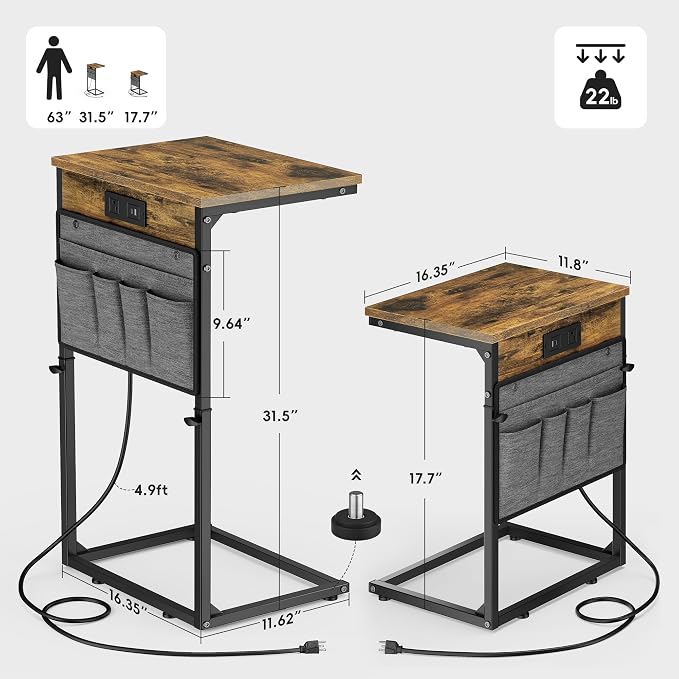 Vagusicc C-Shaped End Table Set of 2, Adjustable Height Side Table - Image 3