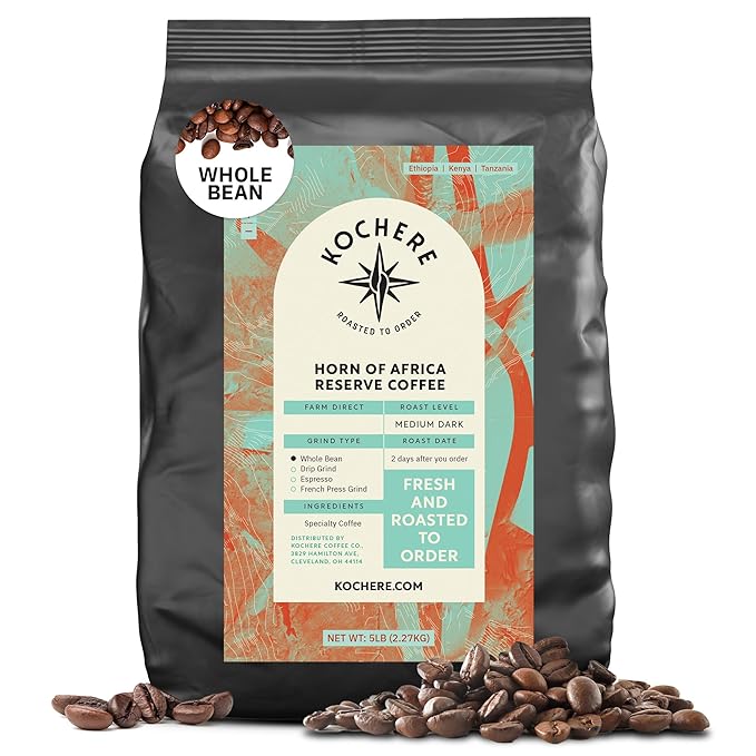Horn of Africa Signature Reserve Espresso Blend - Medium Dark Roast Coffee Beans, Freshly Roasted To Order Whole Bean Coffee, Specialty Grade, Fair Trade and Non-GMO African Espresso Beans - 5LB