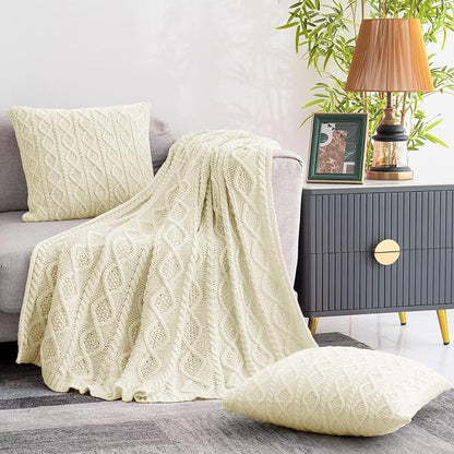 Homiest Cable Knit Throw Blanket & Pillow Set, Cream White Set of 3, Knitted - Image 3