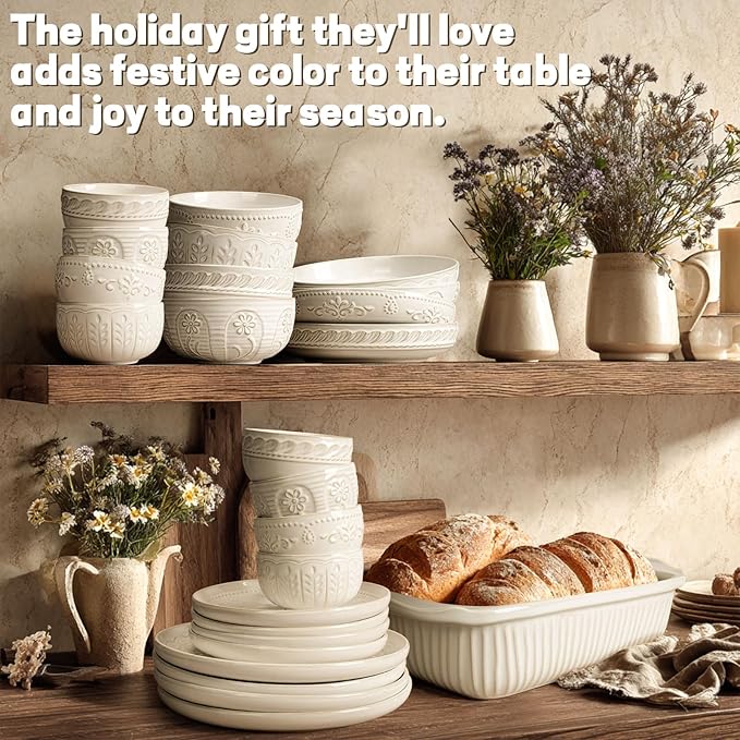 Artena Pasta Bowls, 50oz Large Salad Serving Bowls, 9.75'' Plates Bowl Set of 4, Big White Ceramic Soup Bowl for Kitchen, Embossment Shallow Dinner Bowl, Microwave Dishwasher Safe, Damask Floral