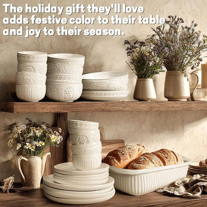 Artena Pasta Bowls, 50oz Large Salad Serving Bowls, 9.75'' Plates Bowl Set of 4, Big White Ceramic Soup Bowl for Kitchen, Embossment Shallow Dinner Bowl, Microwave Dishwasher Safe, Damask Floral