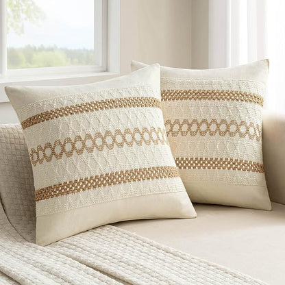 MIULEE Set of 2 Neutral Boho Decorative Pillow Covers 18x18 Inch | Farmhouse by MIULEE