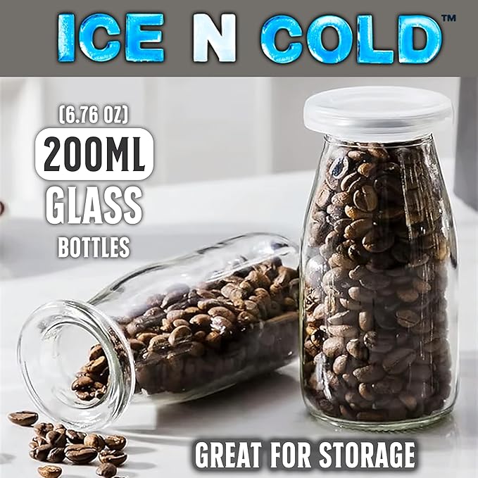 6.76 oz / 200ml Vintage Glass Bottle with Leakproof Clear Lid, Reusable & Eco-Friendly – Ideal for Milk, Juices, Smoothies, Infused Water, BPA-Free Glass Bottle (6-Pack)