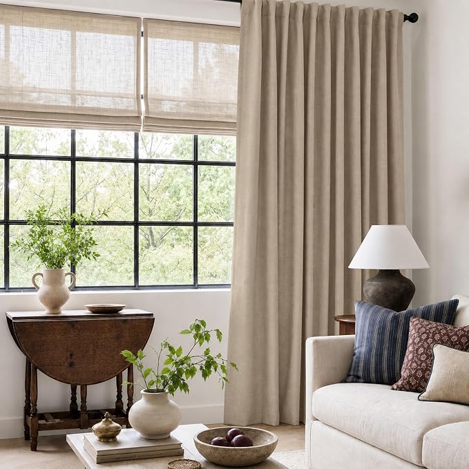 Linen Textured Blackout Sliding Door Curtains 108 Inch Long Burlywood Birch | - Image 6