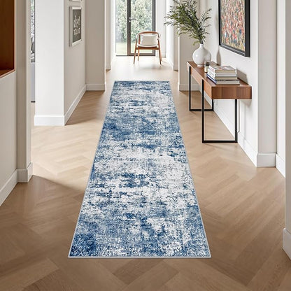 2.6x10 Washable Runner Rug:Modern Abstract Indoor Soft Carpet Blue | - Image 4