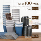 LITOPAK 100 Pack 10 oz Disposable Paper Coffee Cups with Lids, Sleeves and Stirring Sticks for Hot Coffee, Water or Juice, Blue and Gray Hot Paper Cups for Cafes, schools, offices, shops