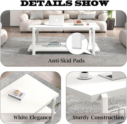 FOLUBAN White Coffee Table, Modern Rustic Wood and Metal Center Table - Image 6