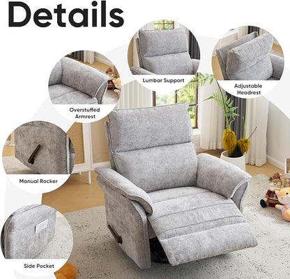 Rocking Chair Nursery with Adjustable Headrest, Manual Swivel Rocker Recliner - Image 7