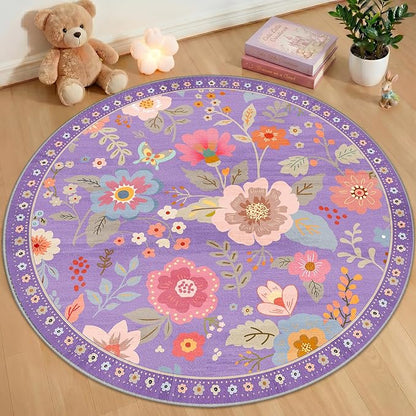 RELEANY Floral Washable Round 6ft Area Rug Purple/Pink | Flower Carpet Print by RELEANY