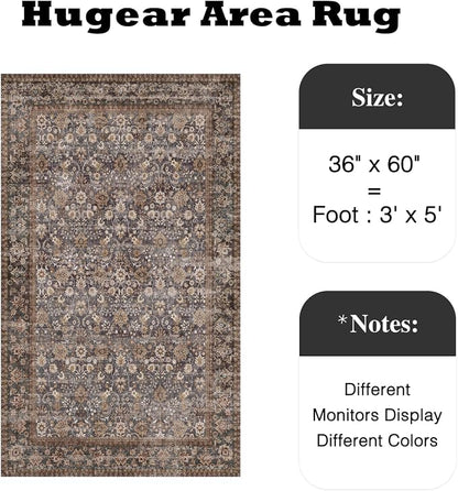 3x5 Brown Blue Vintage Floral Washable Area Rug - Image 2
