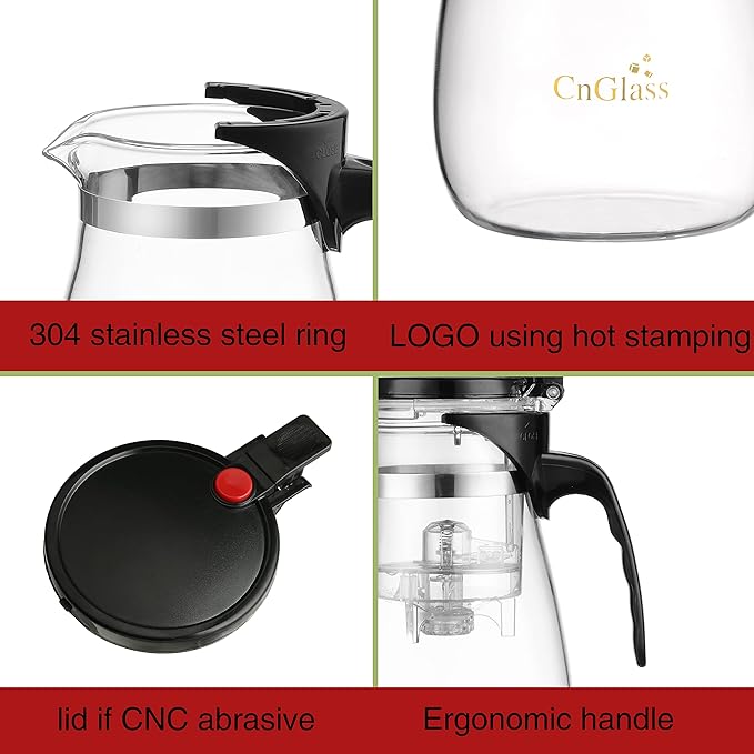 CNGLASS Glass Teapot with Removable Infuser,25oz Clear Tea Kettle with One Button Press to Filter the Tea Soup,Loose Leaf and Blooming Tea Maker