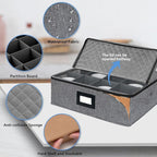 homyfort Mug Coffee Storage Box with Dividers - Stackable Glass China Storage Containers Hard Shell with Lid, Label and Handles, Holds 12 Coffee Mugs and Tea Cups (Dark Grey)