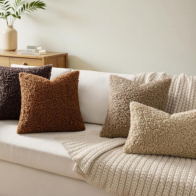 Faux Fur Throw Pillow Covers 20x20 Inch Set of 2 Boucle Neutral Decorative - Image 2