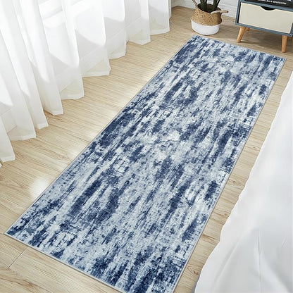 2'6''x8' Runner Rugs Washable Rug: Modern Abstract Hallway Blue Grey Carpet | - Image 2