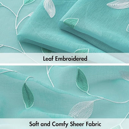 MIULEE Turquoise Sheer Curtains 2 Panels Leaf Patterned, W52 x L63 | - Image 4