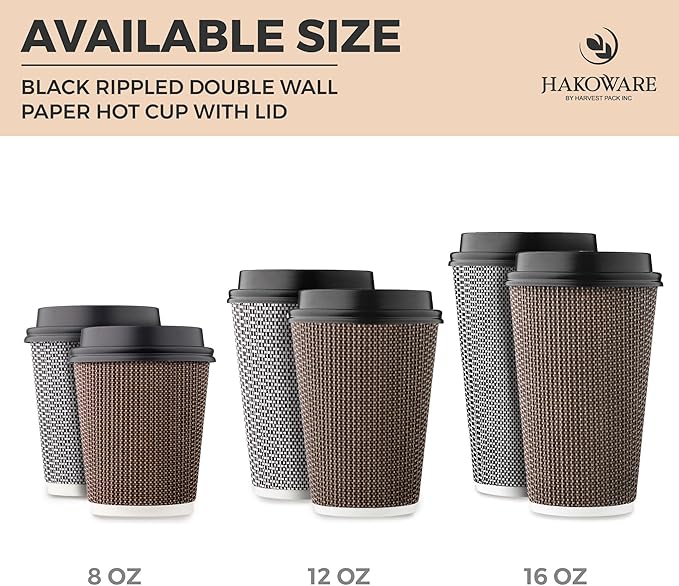 [400 SET]Harvest Pack 12 oz Disposable Coffee Cups, Insulated Ripple Double-Walled Paper Cup with Lid, Brown Geometric, Tea Hot Chocolate Drinks To go coffee cups