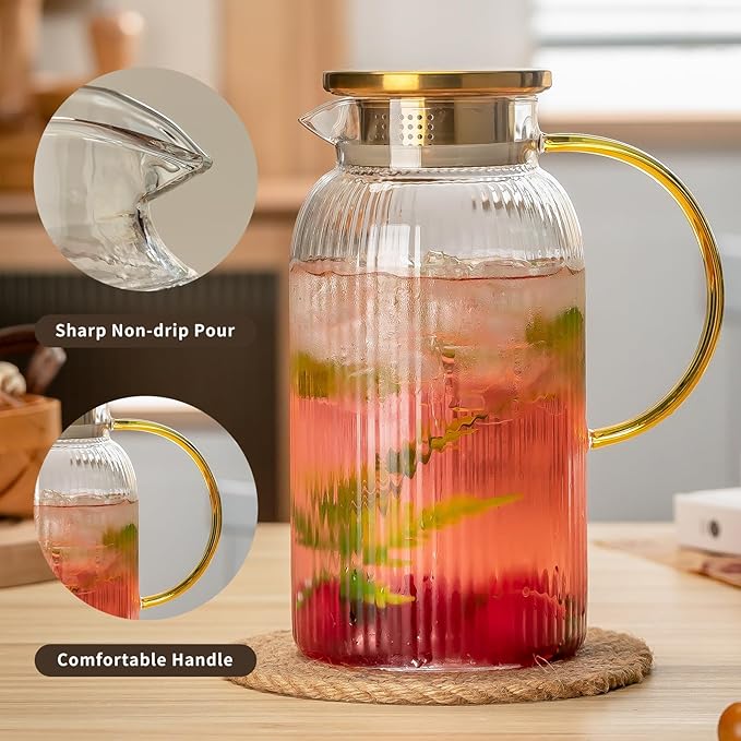 2 PACK Glass Pitcher with Lid, 68 oz/ 2 Liter Classic Vertical Stripes Water Pitcher with Yellow Handle,Glass Water Carafe for Cold Brew, Coffee, Lemonade, Iced Sun Tea,Beverage,Heat Resistant