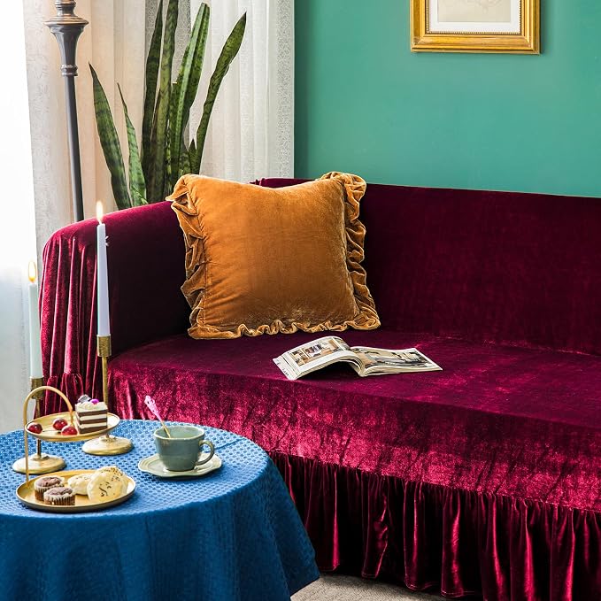GLORY SEASON Velvet Sofa Cover Soft Decorative Luxurious Solid Exquisite Ruffle - Image 4