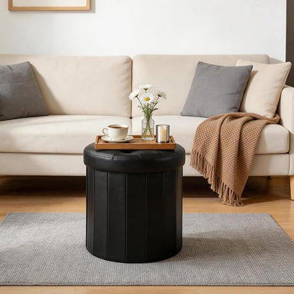 CAROLMADE Round Storage Ottoman, PU Leather Folding Footrest Stool - Image 7