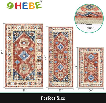 HEBE Boho Kitchen Rugs Set of 3, Non Slip Washable Kitchen Mats - Image 2