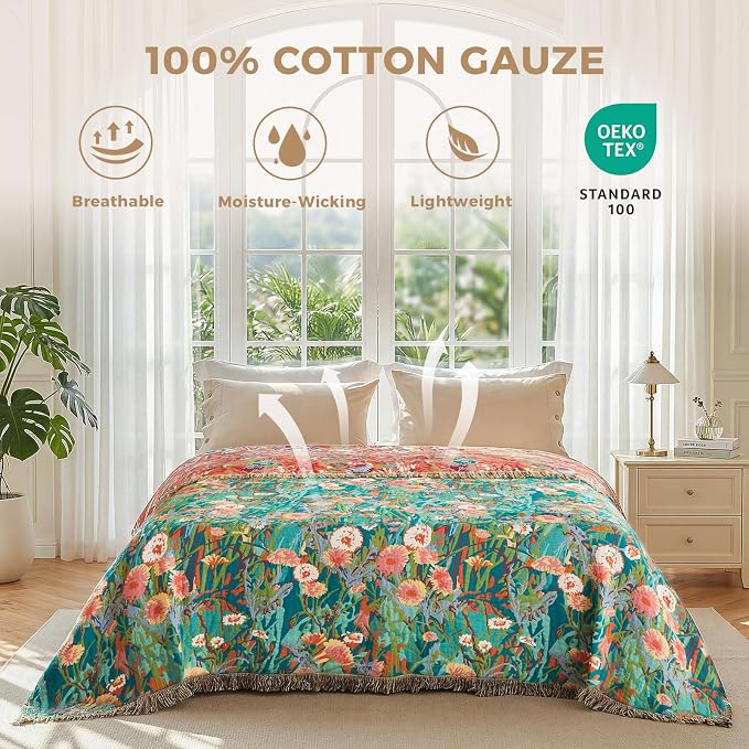 LUTBM Cotton Boho Blanket Queen Size Soft Summer Lightweight Bed Quilt Floral - Image 2