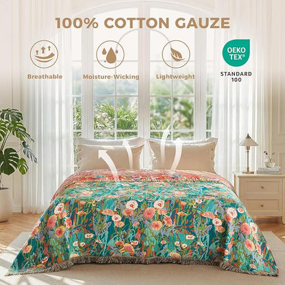LUTBM Cotton Boho Blanket Queen Size Soft Summer Lightweight Bed Quilt Floral - Image 2