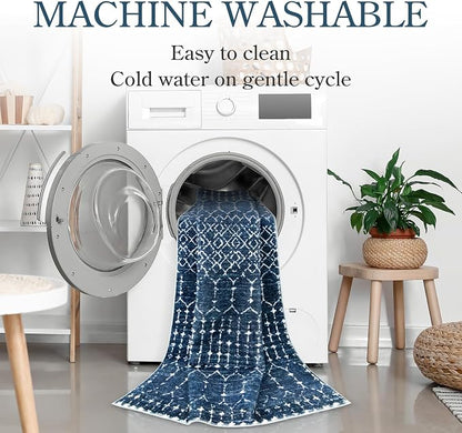 Lahome Moroccan 2x5 Washable Blue Runner Rug, Non-Slip Low-Pile Stain Resistant - Image 4