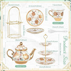 Maxcheck 21 Pcs Tea Party Set for Adults European Floral Tea Set with Metal Holder and 3 Tier Ceramic Cake Stand Porcelain Flower Cup Teapot for Dessert Cupcake(Classic Style)