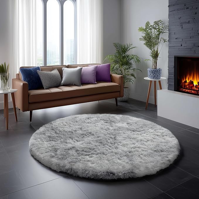 Amdrebio Tie-Dyed Light Grey Large Circle Rug 7Ft by Amdrebio