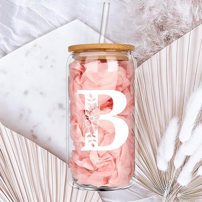 Personalized Gifts for Women, Monogrammed Glass Cups with Lids and Straws, Custom Tumbler, Cute Customized Mug, Aesthetic Stuff, Initial Iced Coffee Cup, Drinking Glasses, Birthday Teacher Gifts, A