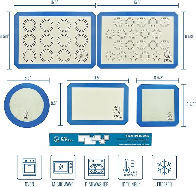 Silicone Baking Mat Set of 5-2 Half Sheets (Macaron & Cookie Circle On Mat) + 1 Quarter + 1 Round & 1 Square Size Silicone Baking Sheet - Nonstick & Easy to Clean - 100% Silicone Mats for Baking