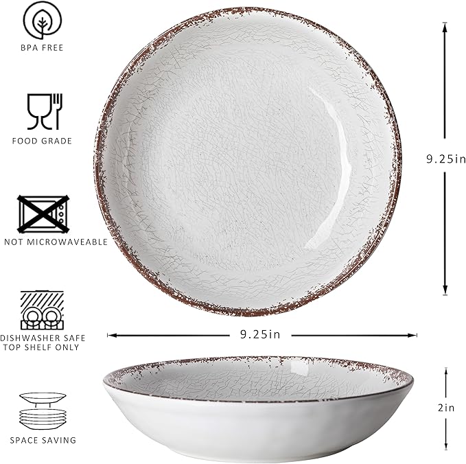 LEHAHA Farmhouse Pasta Bowls, Set of 6, White Melamine Rustic 42 oz Shallow Bowl, Large Salad Bowl, Deep Pasta plate, Dishwasher Safe Serving Bowls.…