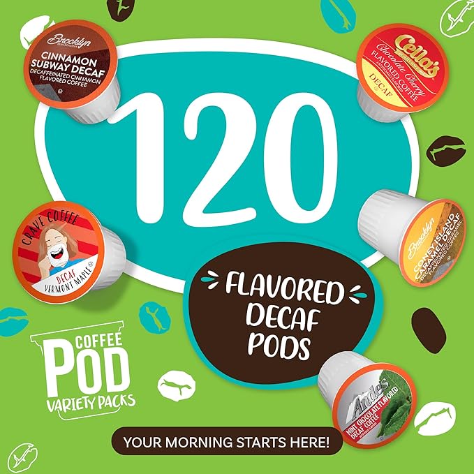 Coffee Pod Variety Packs Flavored Decaf Sampler, Assorted, Compatible with 2.0 K-Cup Brewers, Variety Pack, 120 Count (Pack of 1)