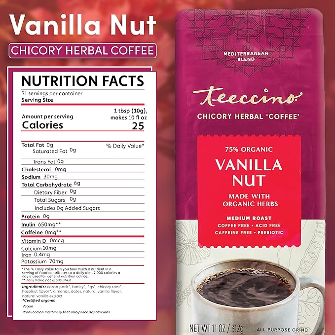 Teeccino Vanilla Nut Chicory Coffee Alternative - 11 Ounce - Ground Herbal Coffee That’s Prebiotic, Caffeine Free & Acid Free, Medium Roast, (Pack of 3)