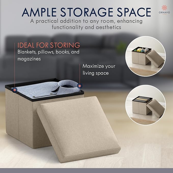 Ornavo Home Small Storage Ottoman Foldable Collapsible Cube Square Linen - Image 3