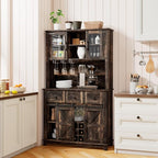 72" Coffee Bar Cabinet with Sliding Barn Door & LED Lights, Sideboard Buffet Cabinet with Wine Bottle Rack, 3 Drawers, Storage Cabinet for Kitchen, Dining Room, Dark Rustic Oak, DBC20B