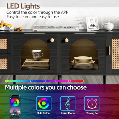 Merax Rattan TV Stand with LED Lights, Solid Wood Feet, Living Room, Bedroom - Image 5